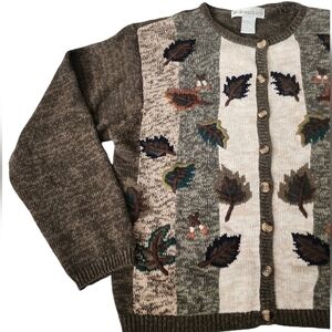 Vintage fall leaf patterned brown buttondown cardigan sweater